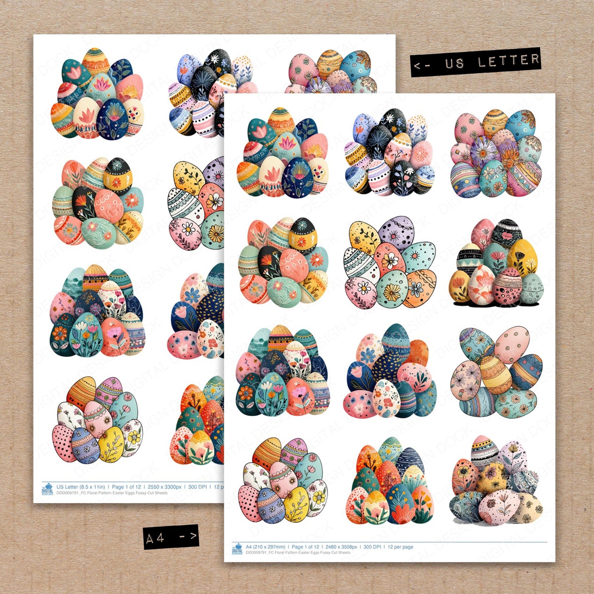A4 and US Letter format comparison showing Floral Pattern Easter Eggs fussy cut pages for print and cut crafting