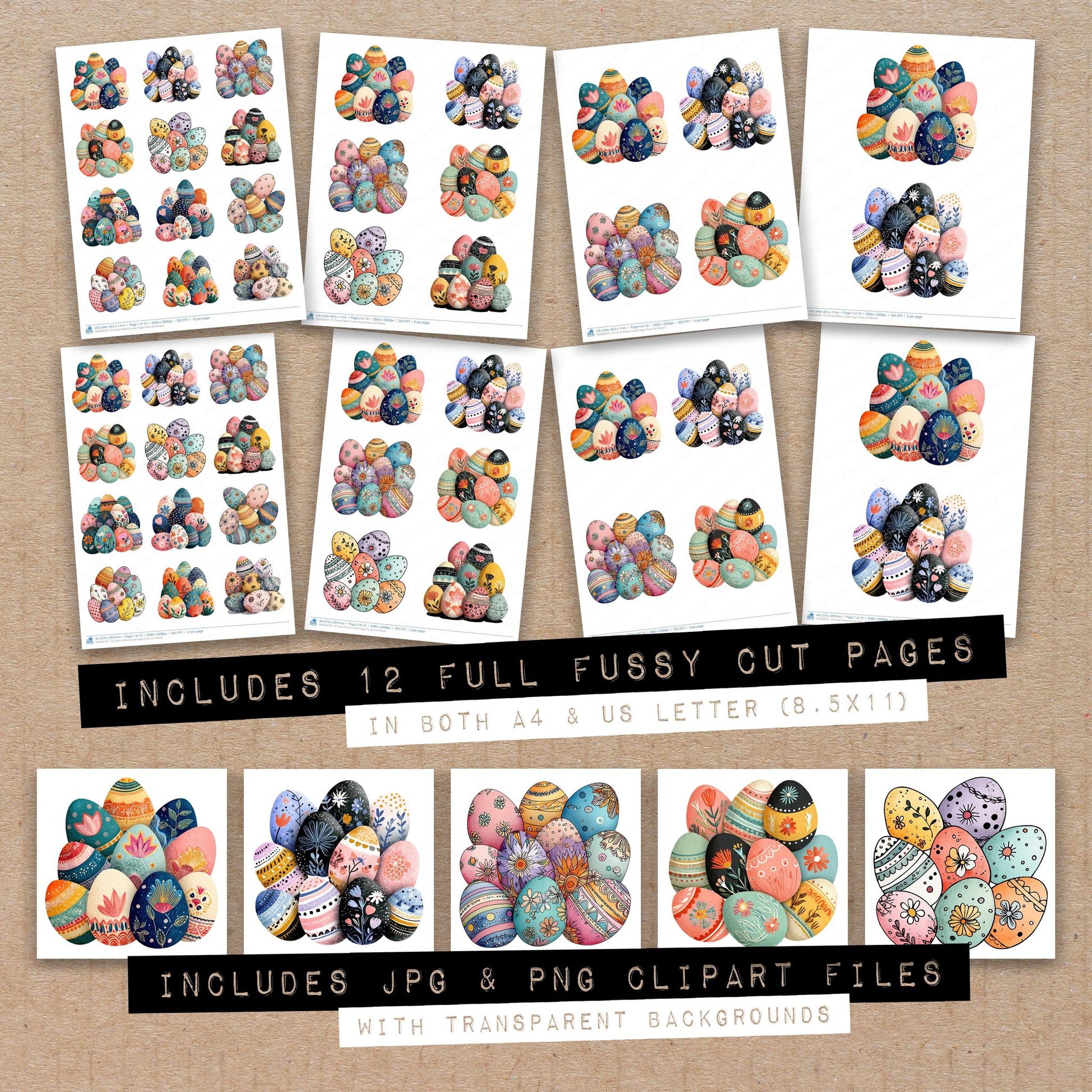 Full collection view of Floral Pattern Easter Eggs fussy cut sheets with bonus clipart JPG and PNG files