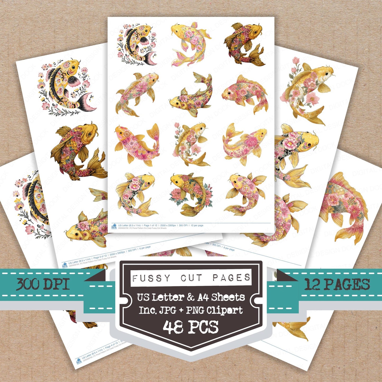 Floral Pattern Koi Carp fussy cut printable sheets for junk journaling, scrapbooking, and paper craft projects