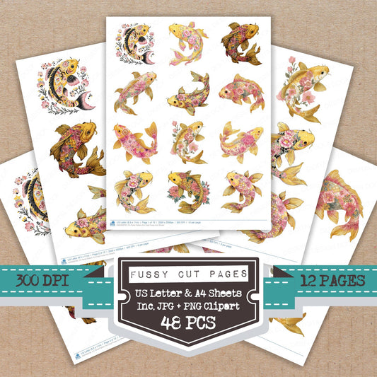 Floral Pattern Koi Carp fussy cut printable sheets for junk journaling, scrapbooking, and paper craft projects
