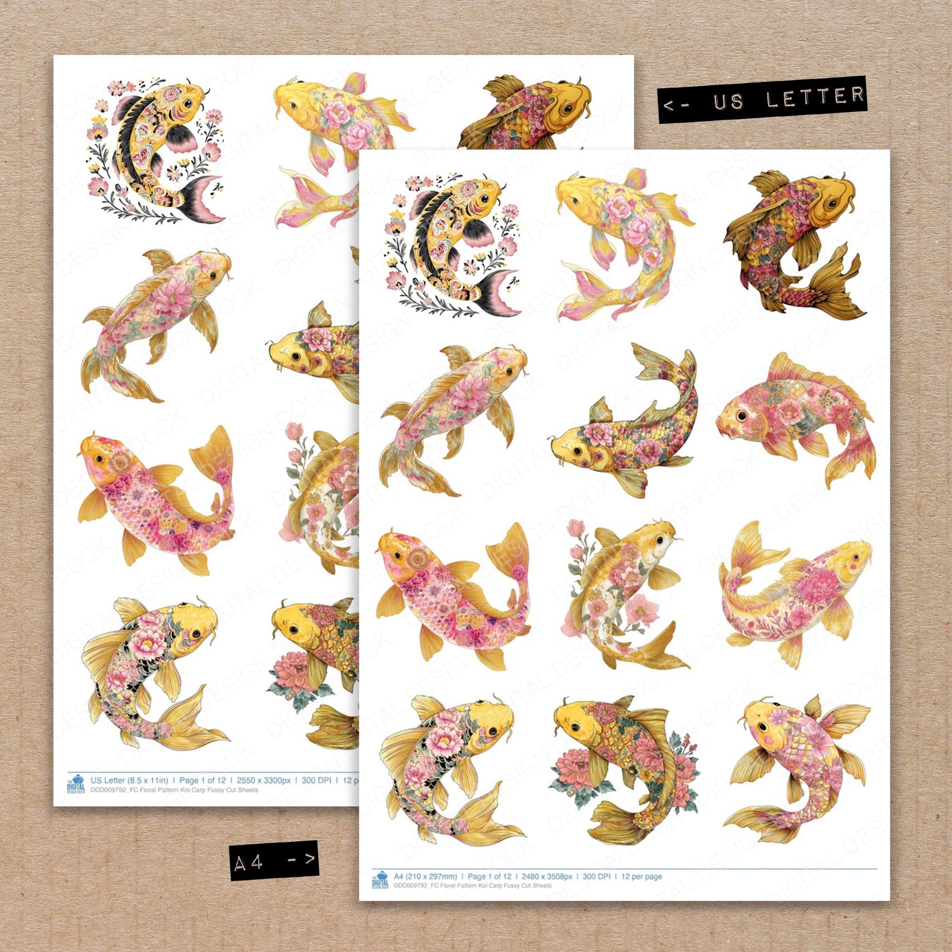 A4 and US Letter format comparison showing Floral Pattern Koi Carp fussy cut pages for print and cut crafting