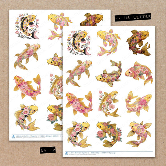 A4 and US Letter format comparison showing Floral Pattern Koi Carp fussy cut pages for print and cut crafting