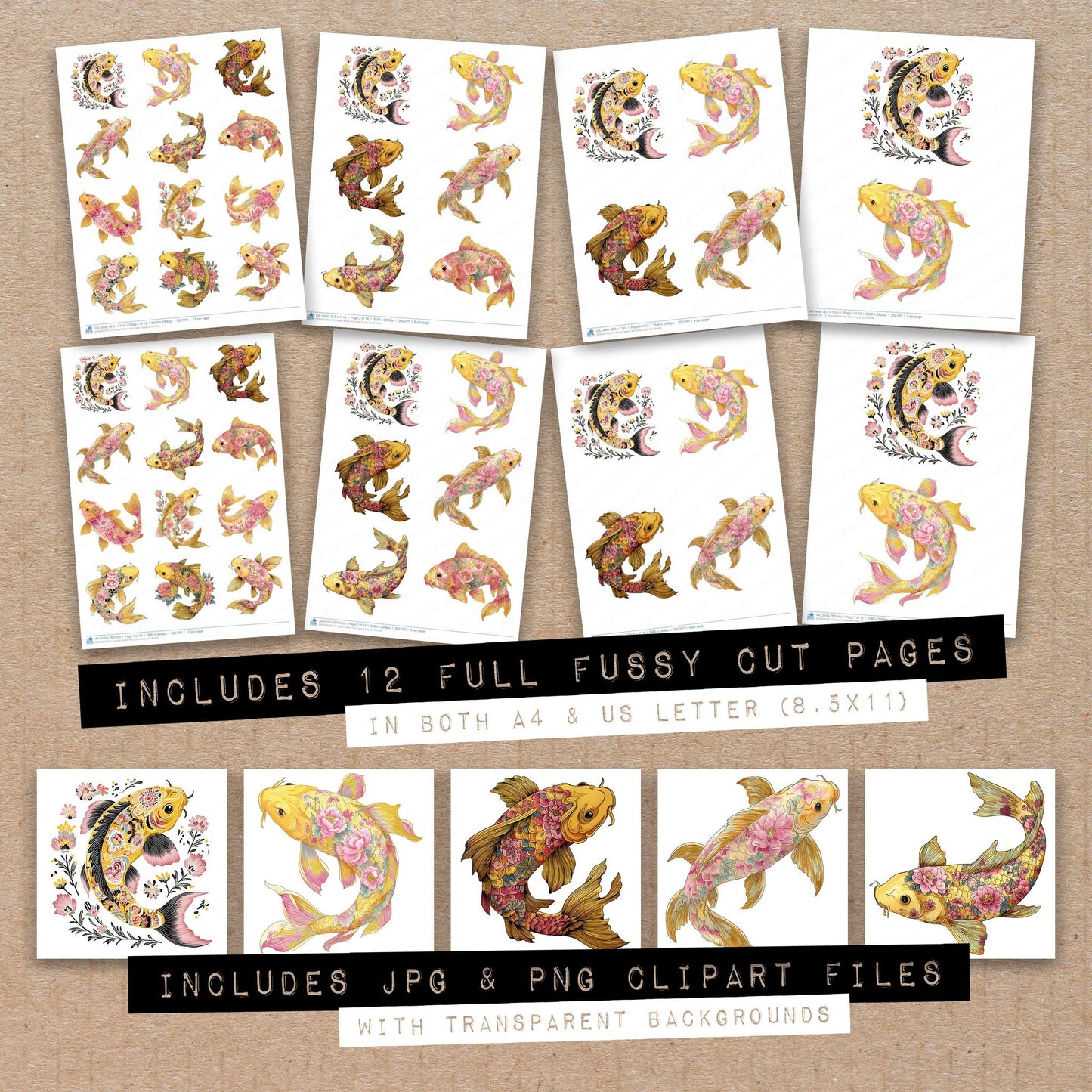 Full collection view of Floral Pattern Koi Carp fussy cut sheets with bonus clipart JPG and PNG files
