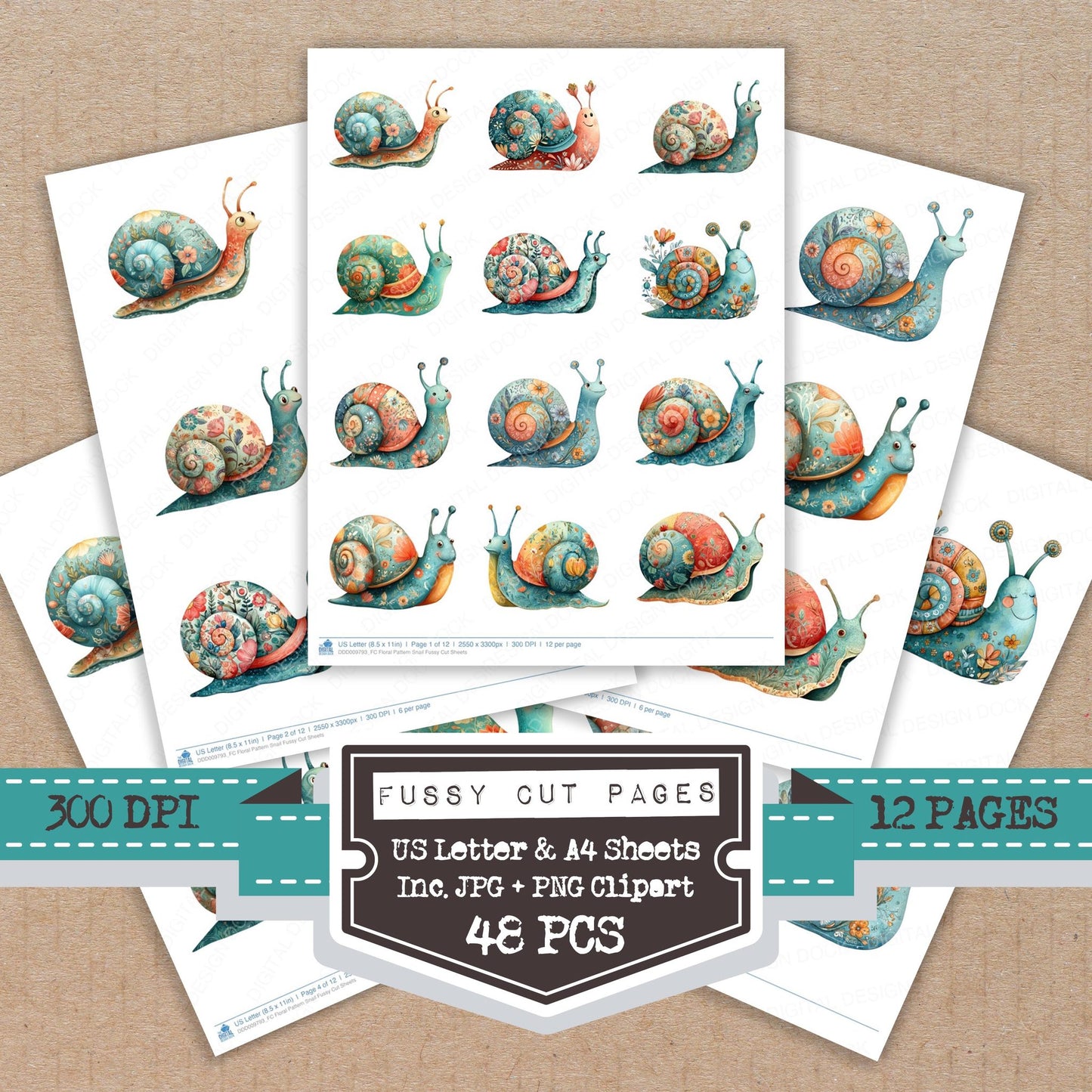 Floral Pattern Snail fussy cut printable sheets for junk journaling, scrapbooking, and paper craft projects