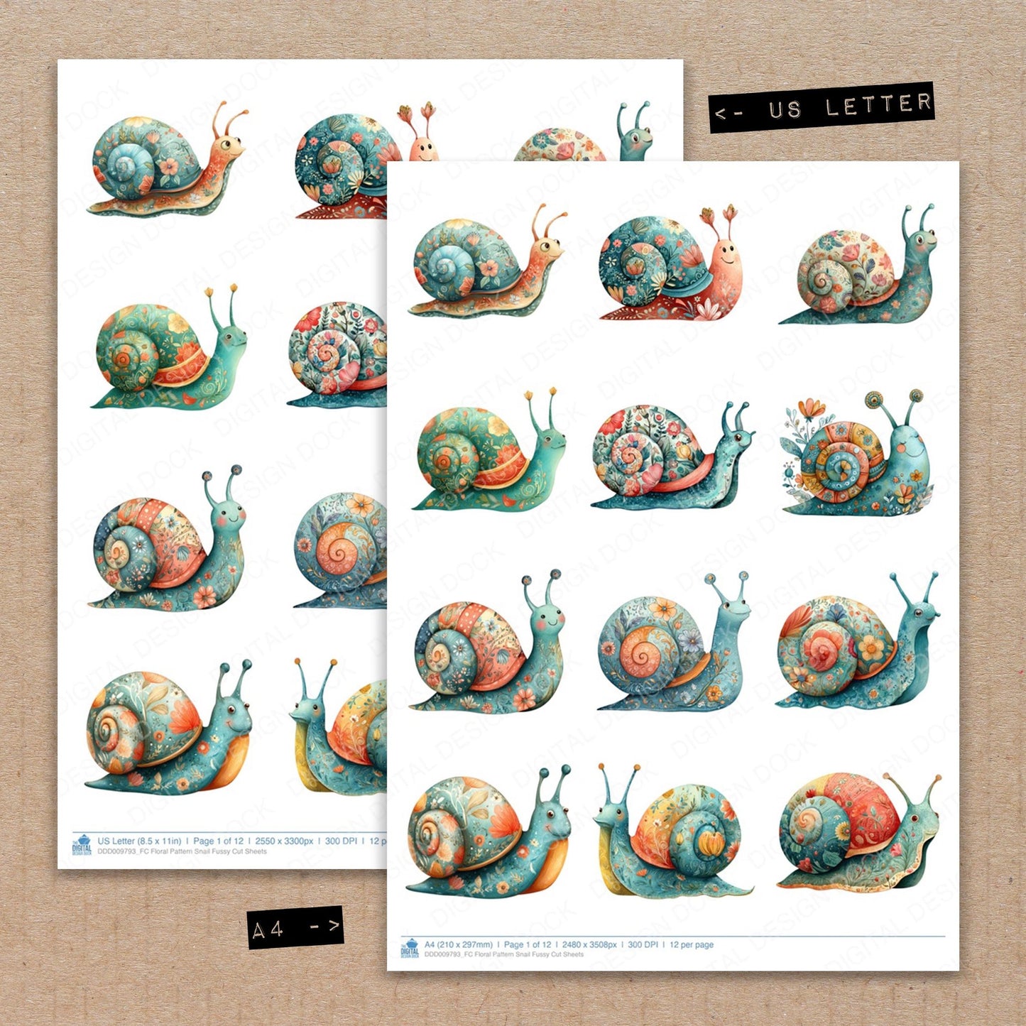 A4 and US Letter format comparison showing Floral Pattern Snail fussy cut pages for print and cut crafting