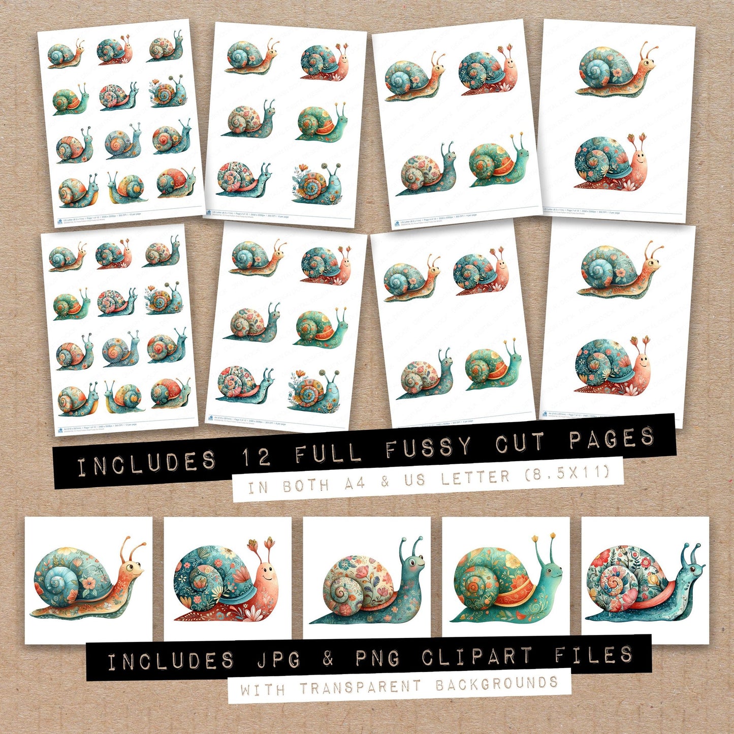 Full collection view of Floral Pattern Snail fussy cut sheets with bonus clipart JPG and PNG files