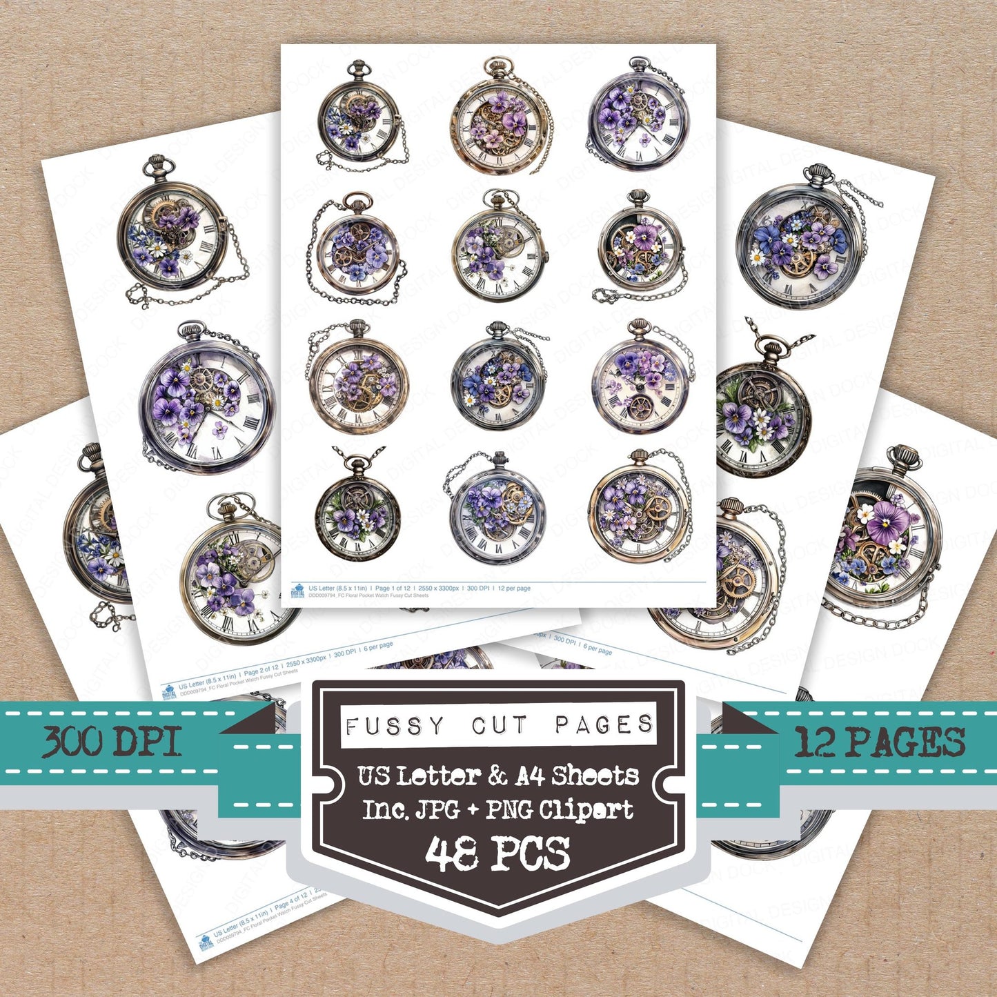 Floral Pocket Watch fussy cut printable sheets for junk journaling, scrapbooking, and paper craft projects