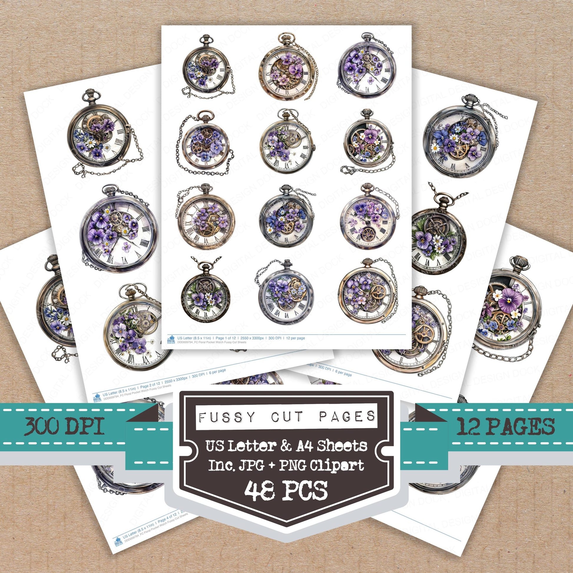 Floral Pocket Watch fussy cut printable sheets for junk journaling, scrapbooking, and paper craft projects