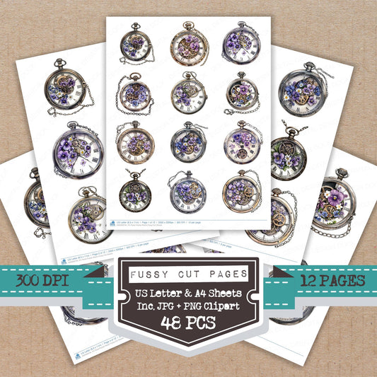Floral Pocket Watch fussy cut printable sheets for junk journaling, scrapbooking, and paper craft projects