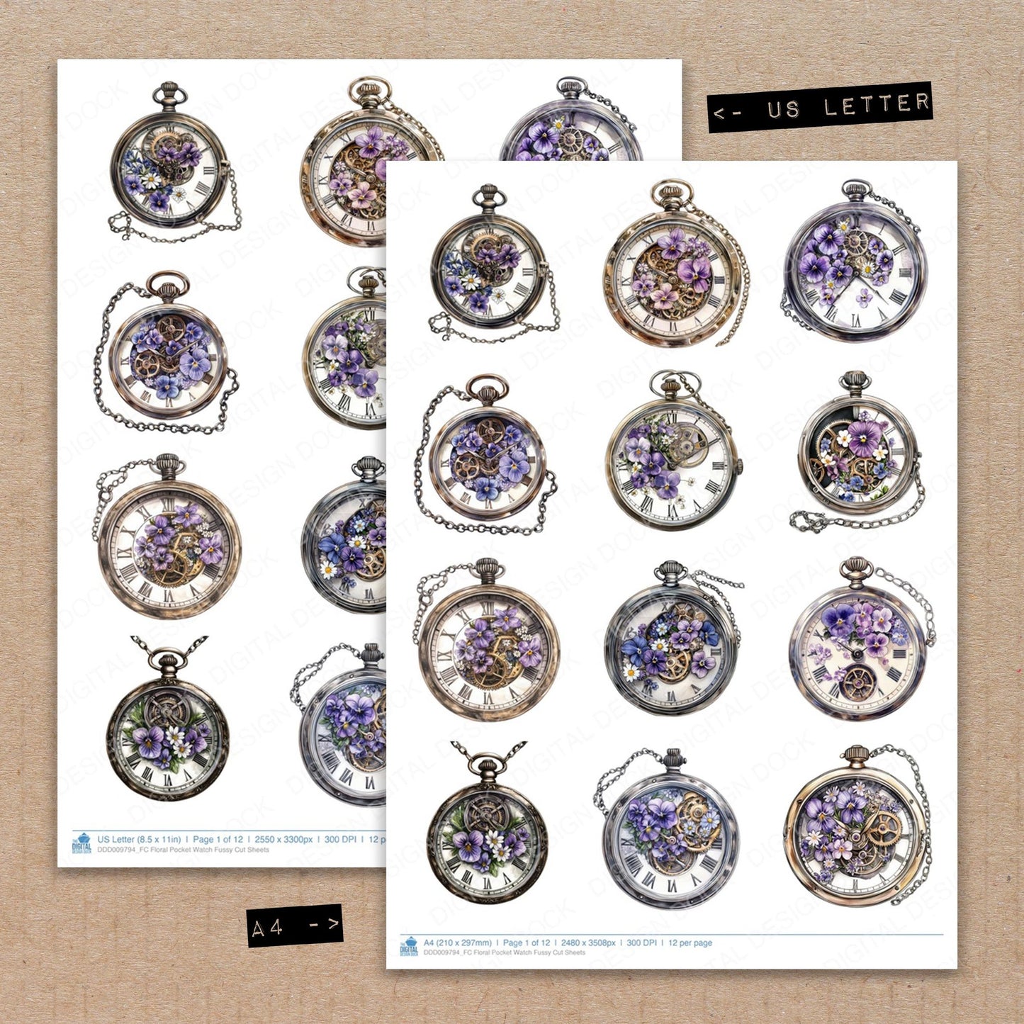 A4 and US Letter format comparison showing Floral Pocket Watch fussy cut pages for print and cut crafting
