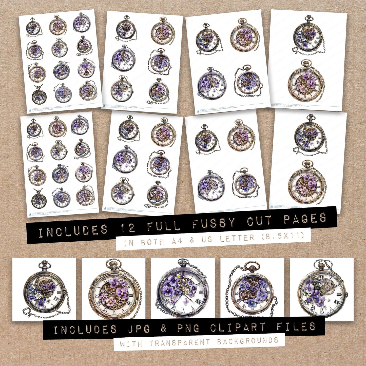 Full collection view of Floral Pocket Watch fussy cut sheets with bonus clipart JPG and PNG files