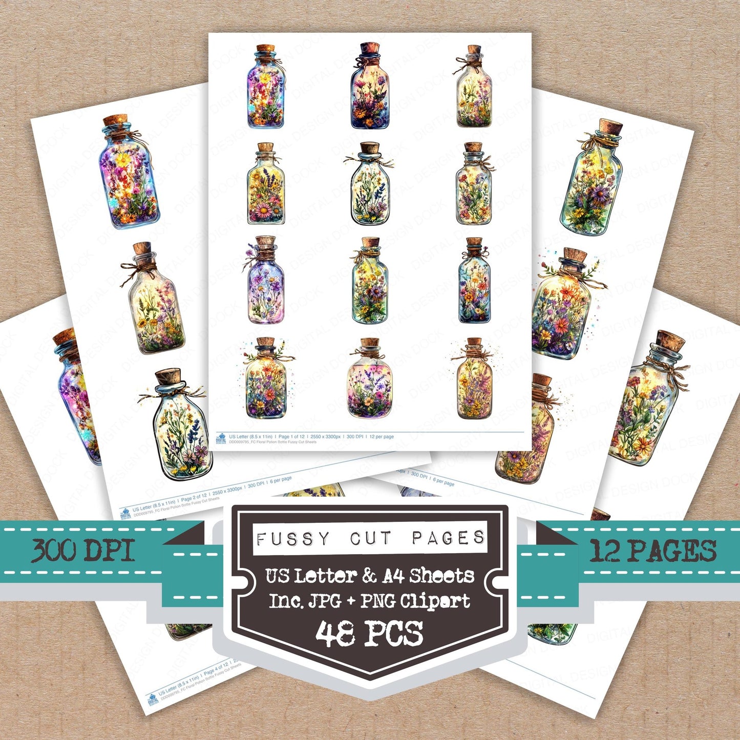 Floral Potion Bottle fussy cut printable sheets for junk journaling, scrapbooking, and paper craft projects