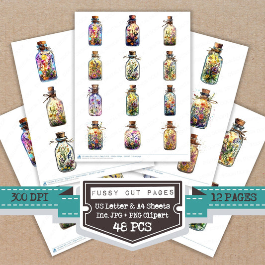 Floral Potion Bottle fussy cut printable sheets for junk journaling, scrapbooking, and paper craft projects