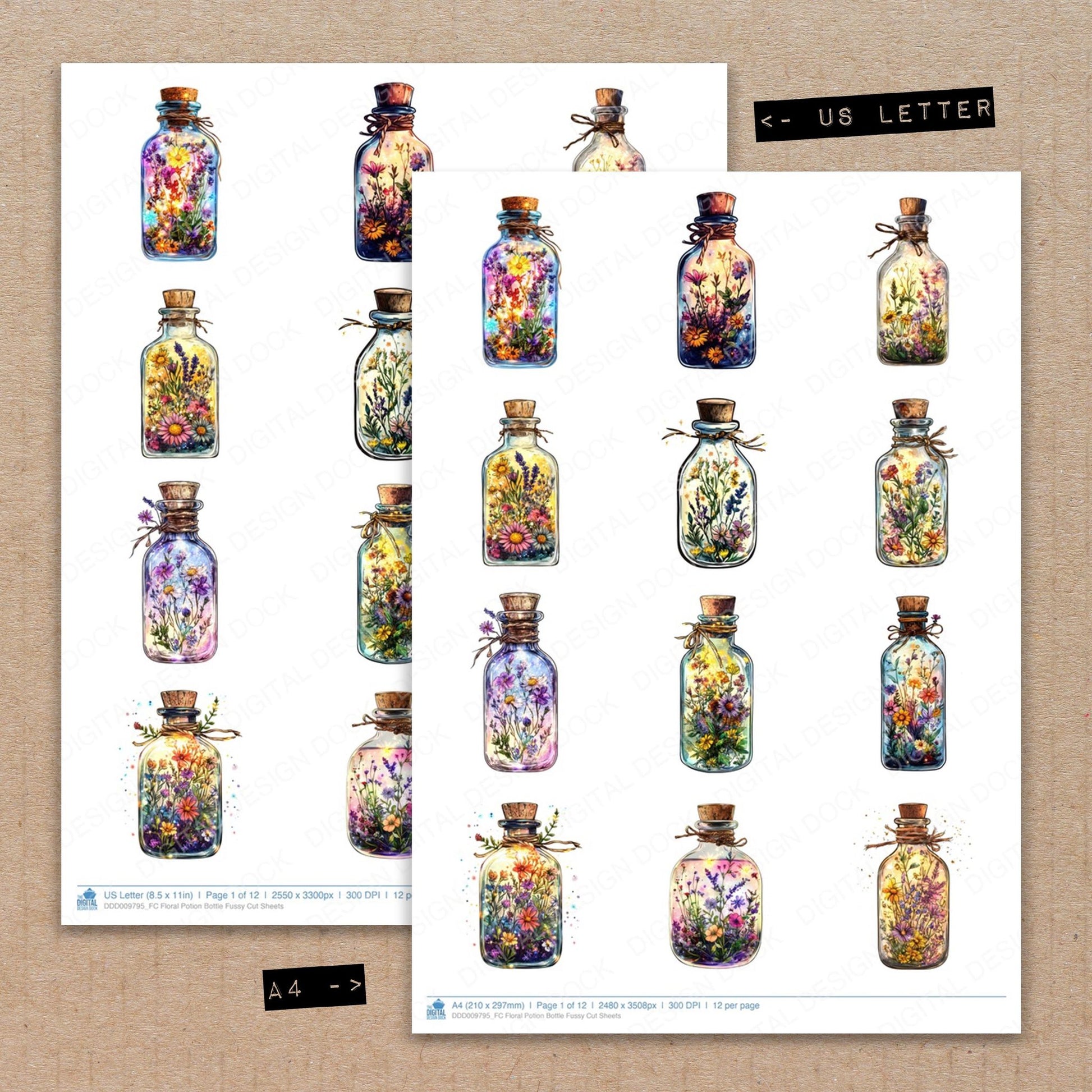 A4 and US Letter format comparison showing Floral Potion Bottle fussy cut pages for print and cut crafting