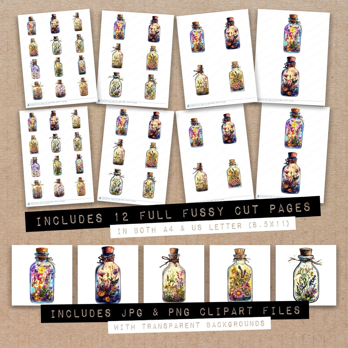 Full collection view of Floral Potion Bottle fussy cut sheets with bonus clipart JPG and PNG files