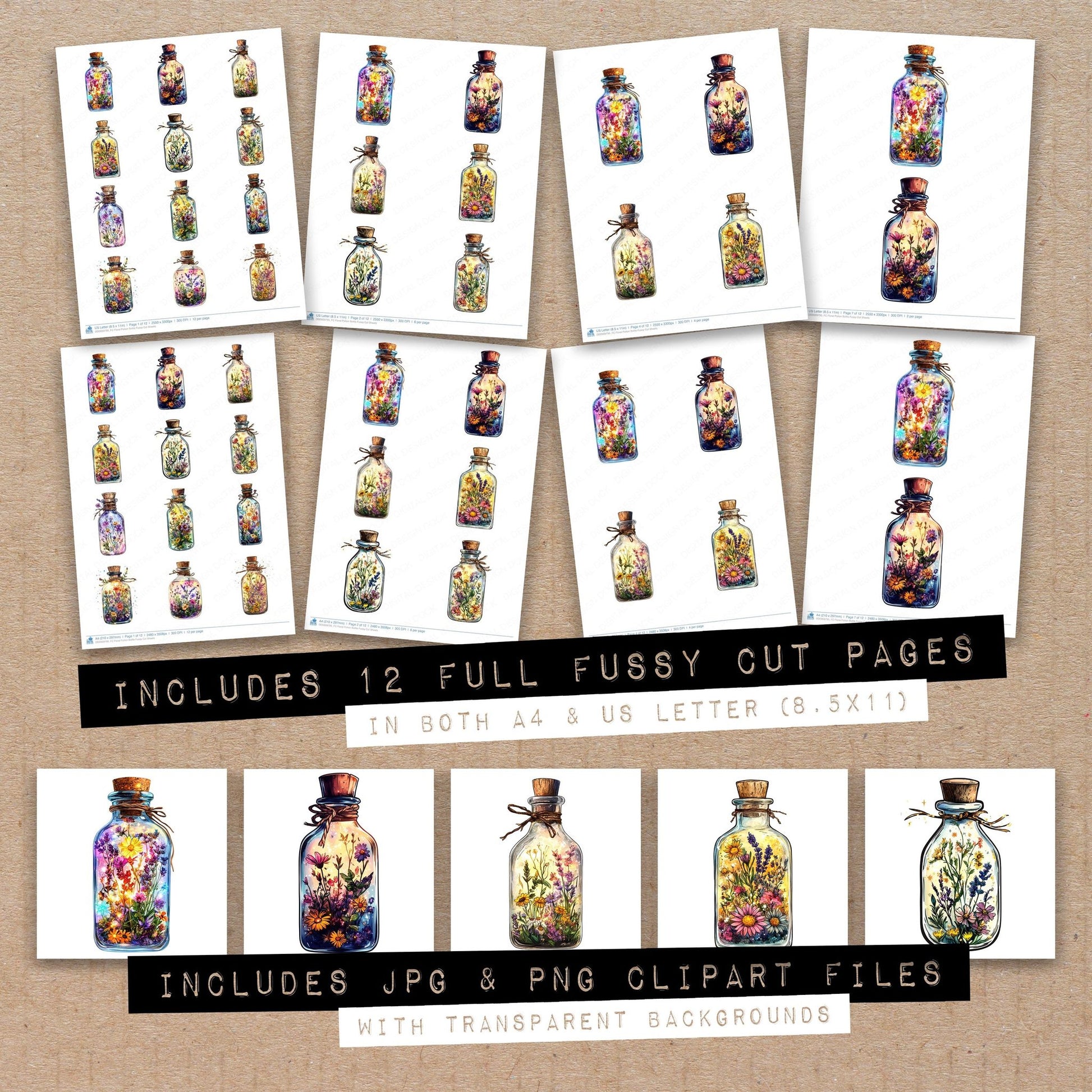 Full collection view of Floral Potion Bottle fussy cut sheets with bonus clipart JPG and PNG files