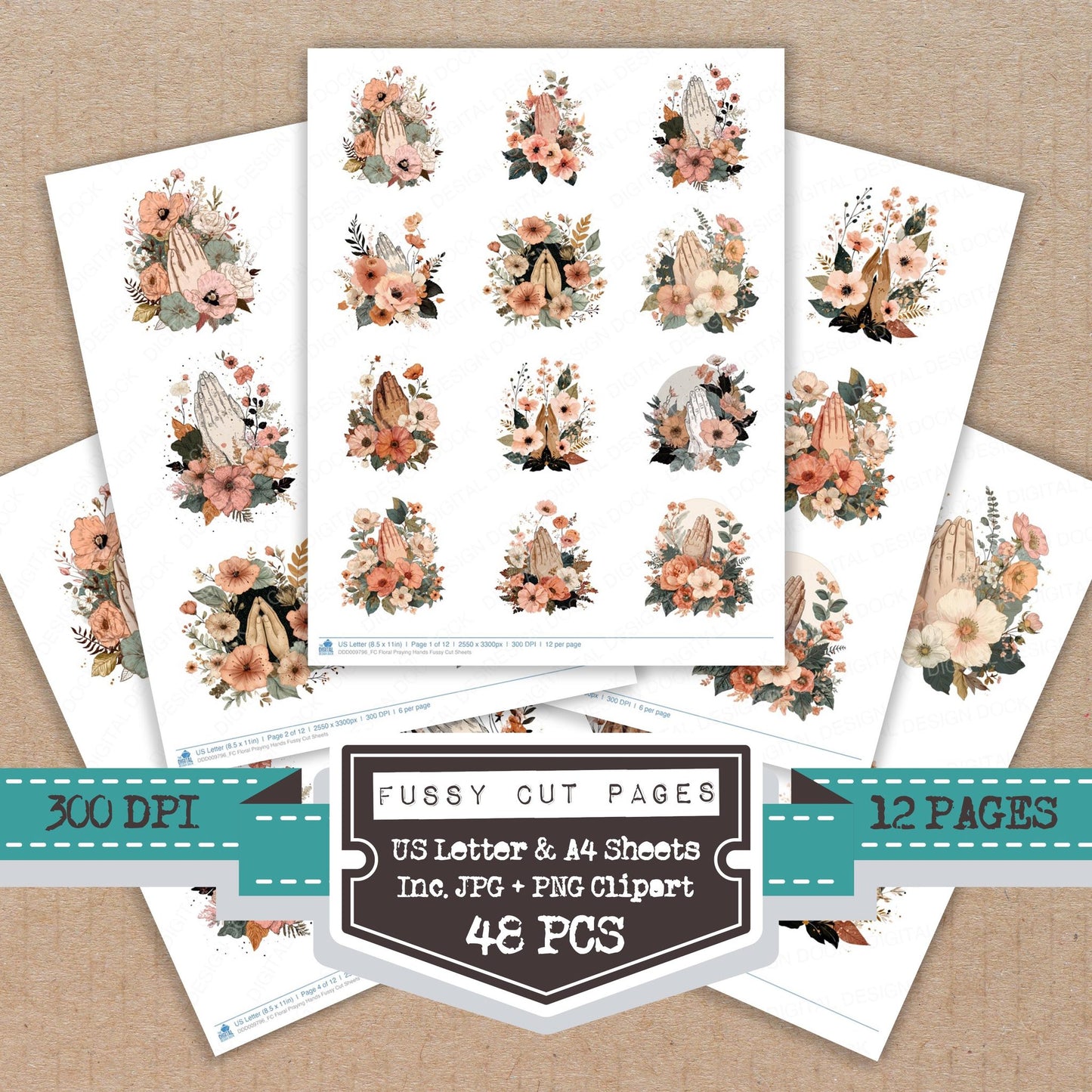 Floral Praying Hands fussy cut printable sheets for junk journaling, scrapbooking, and paper craft projects