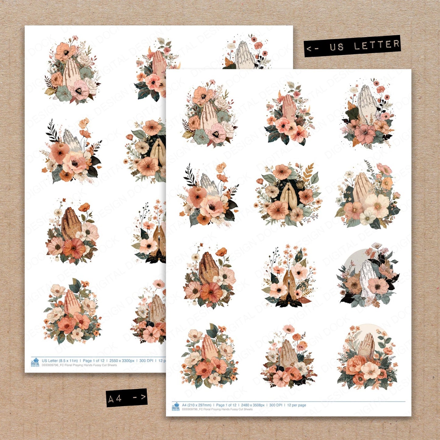 A4 and US Letter format comparison showing Floral Praying Hands fussy cut pages for print and cut crafting