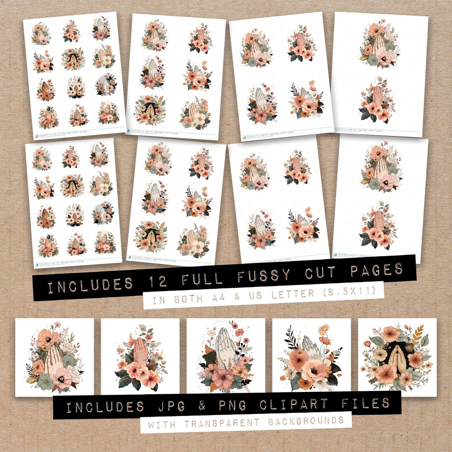 Full collection view of Floral Praying Hands fussy cut sheets with bonus clipart JPG and PNG files