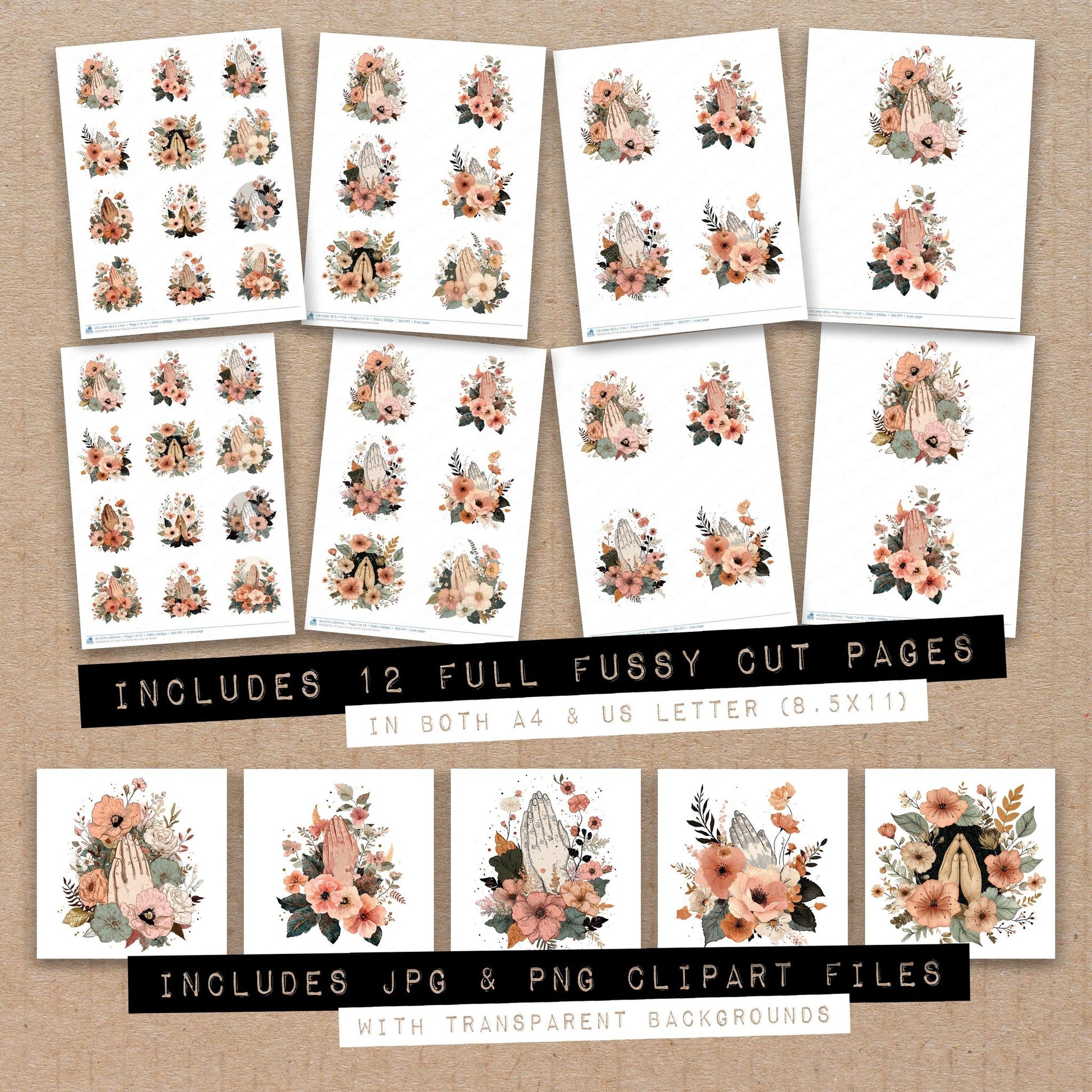 Full collection view of Floral Praying Hands fussy cut sheets with bonus clipart JPG and PNG files