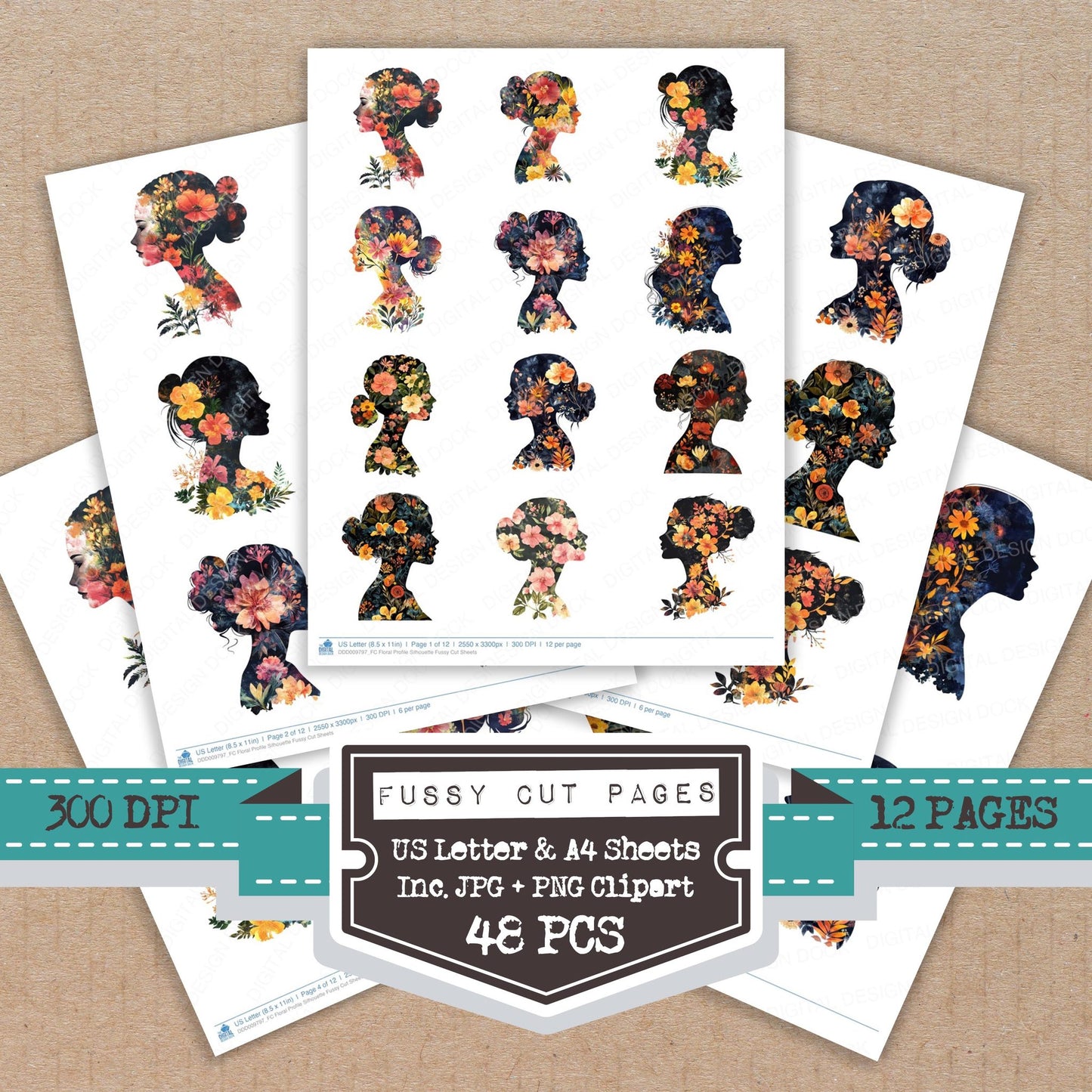 Floral Profile Silhouette fussy cut printable sheets for junk journaling, scrapbooking, and paper craft projects