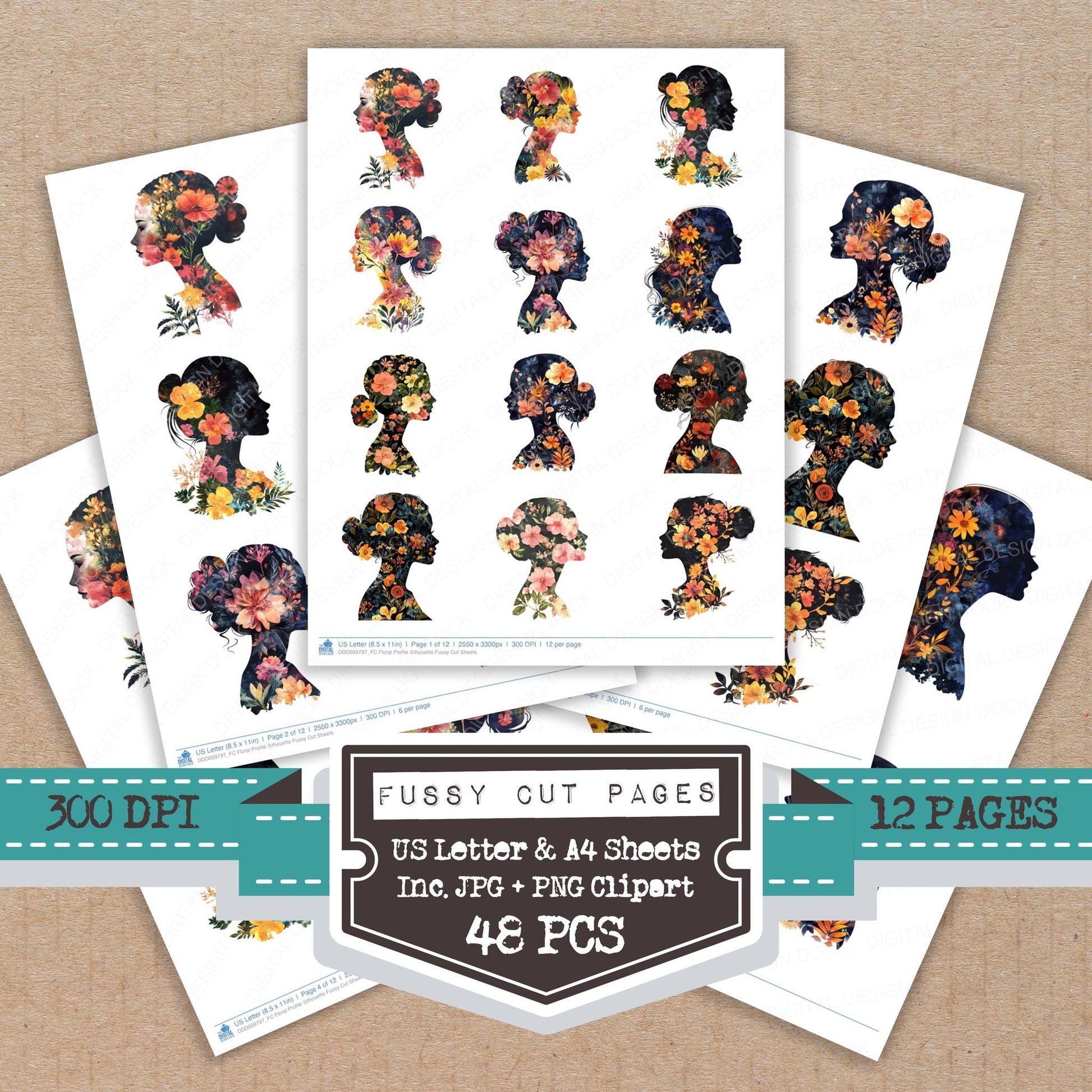 Floral Profile Silhouette fussy cut printable sheets for junk journaling, scrapbooking, and paper craft projects