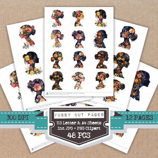 Floral Profile Silhouette fussy cut printable sheets for junk journaling, scrapbooking, and paper craft projects