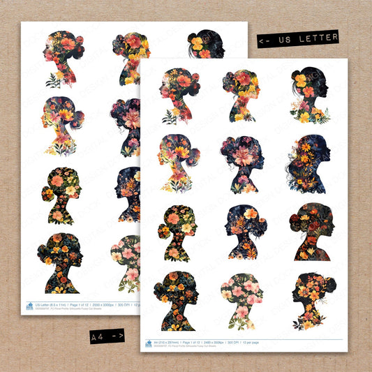 A4 and US Letter format comparison showing Floral Profile Silhouette fussy cut pages for print and cut crafting