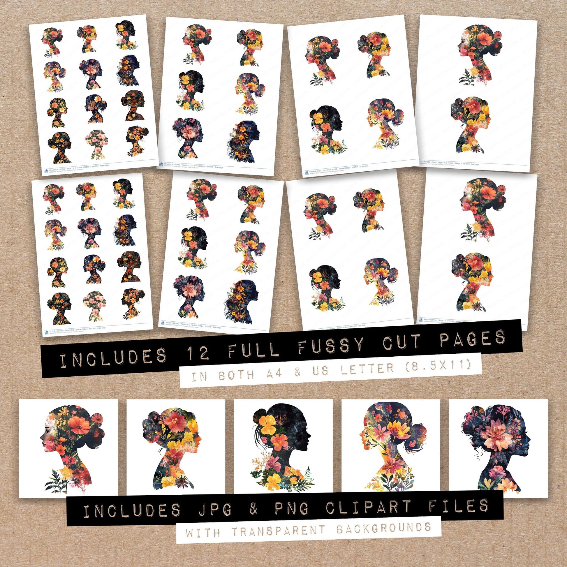 Full collection view of Floral Profile Silhouette fussy cut sheets with bonus clipart JPG and PNG files