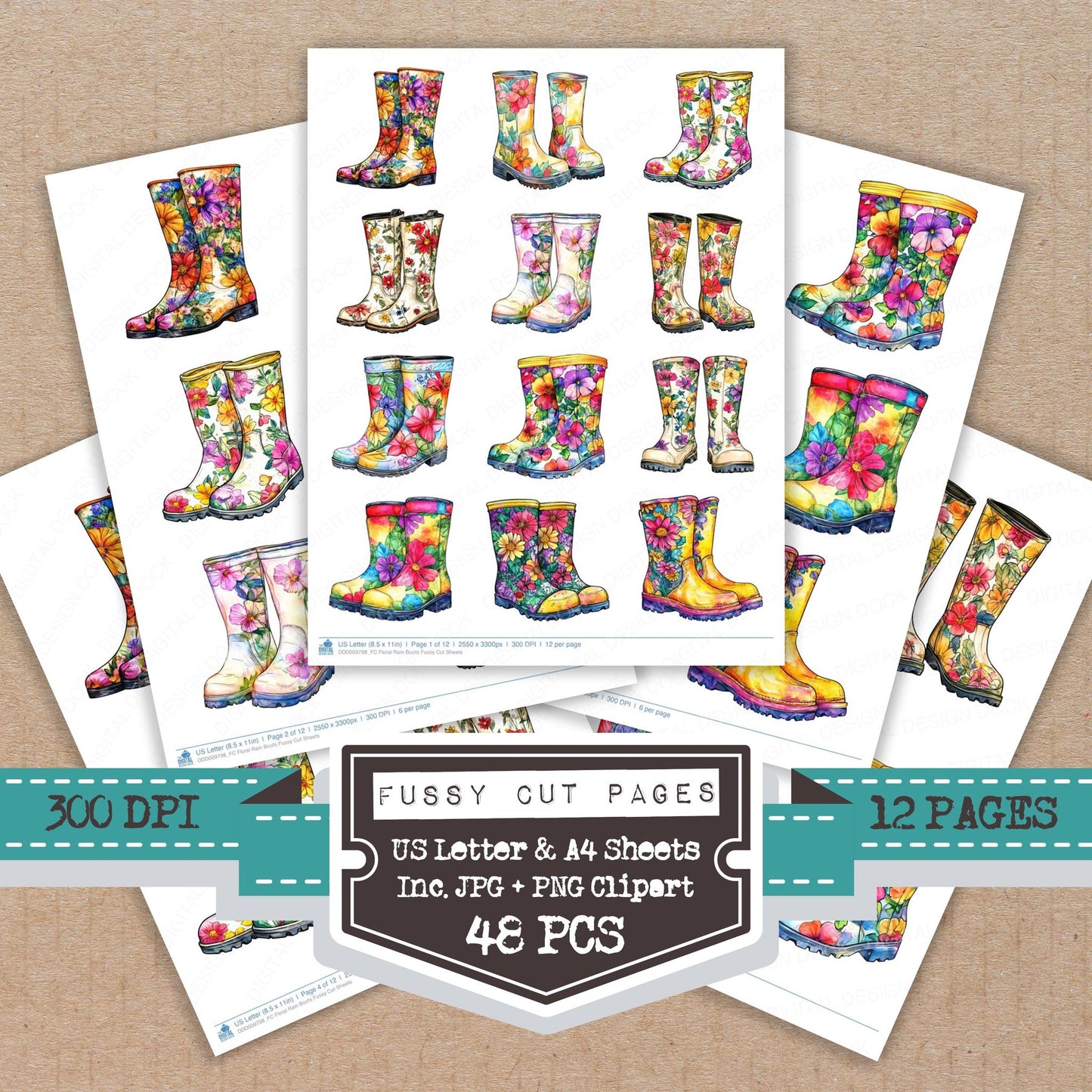 Floral Rain Boots fussy cut printable sheets for junk journaling, scrapbooking, and paper craft projects