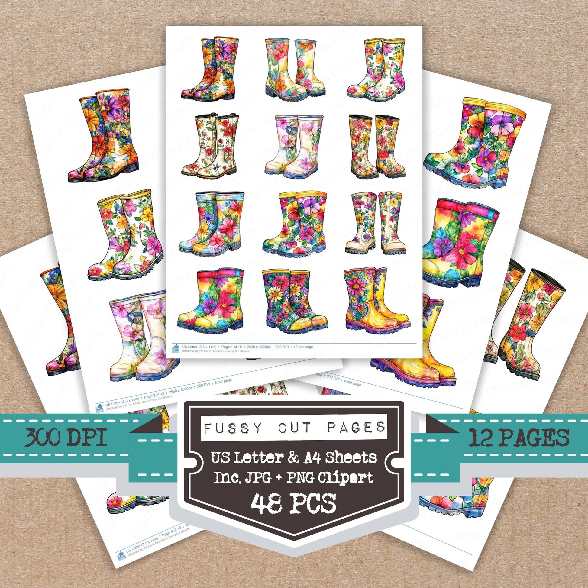 Floral Rain Boots fussy cut printable sheets for junk journaling, scrapbooking, and paper craft projects