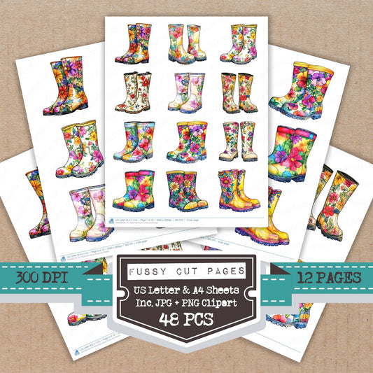 Floral Rain Boots fussy cut printable sheets for junk journaling, scrapbooking, and paper craft projects