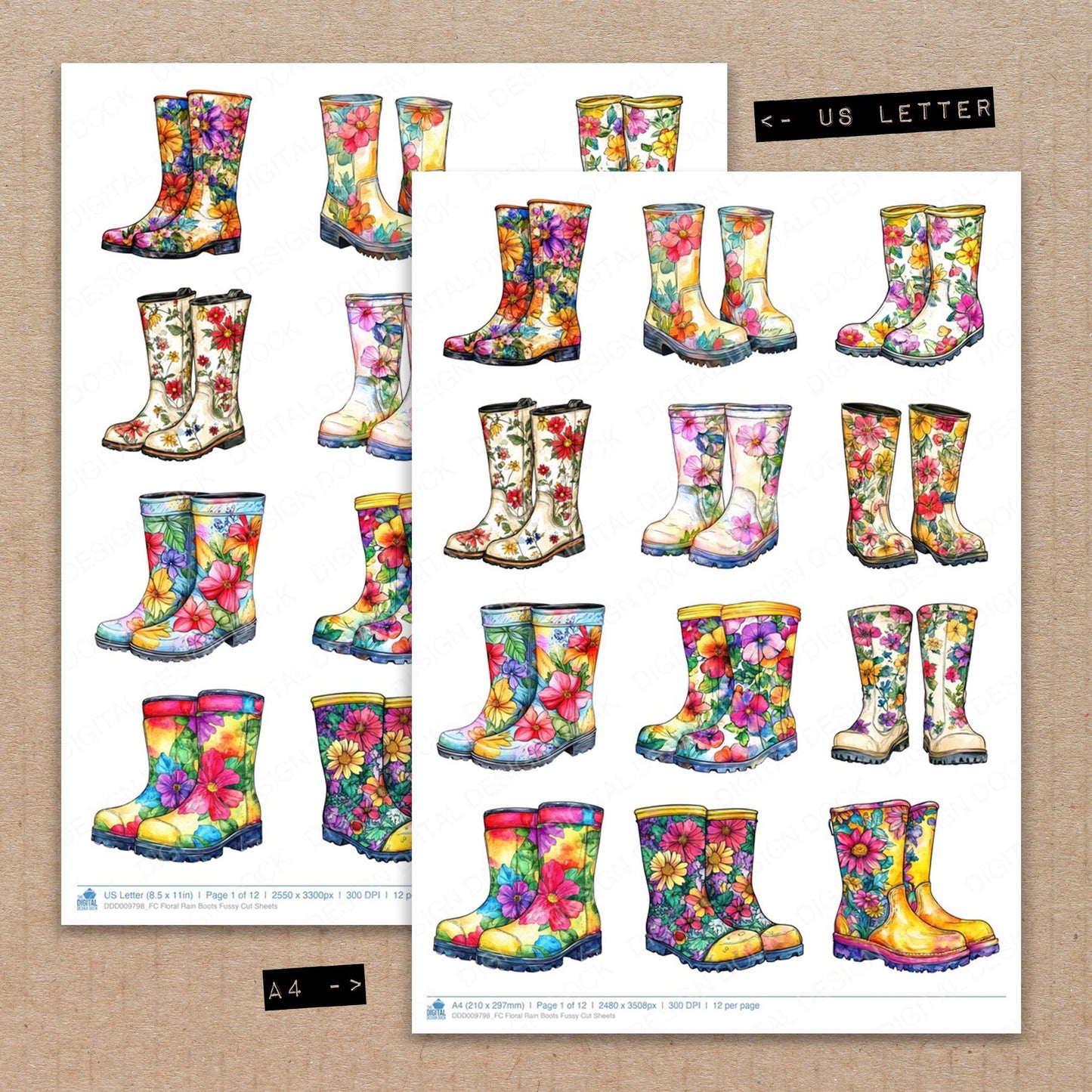 A4 and US Letter format comparison showing Floral Rain Boots fussy cut pages for print and cut crafting