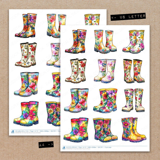 A4 and US Letter format comparison showing Floral Rain Boots fussy cut pages for print and cut crafting