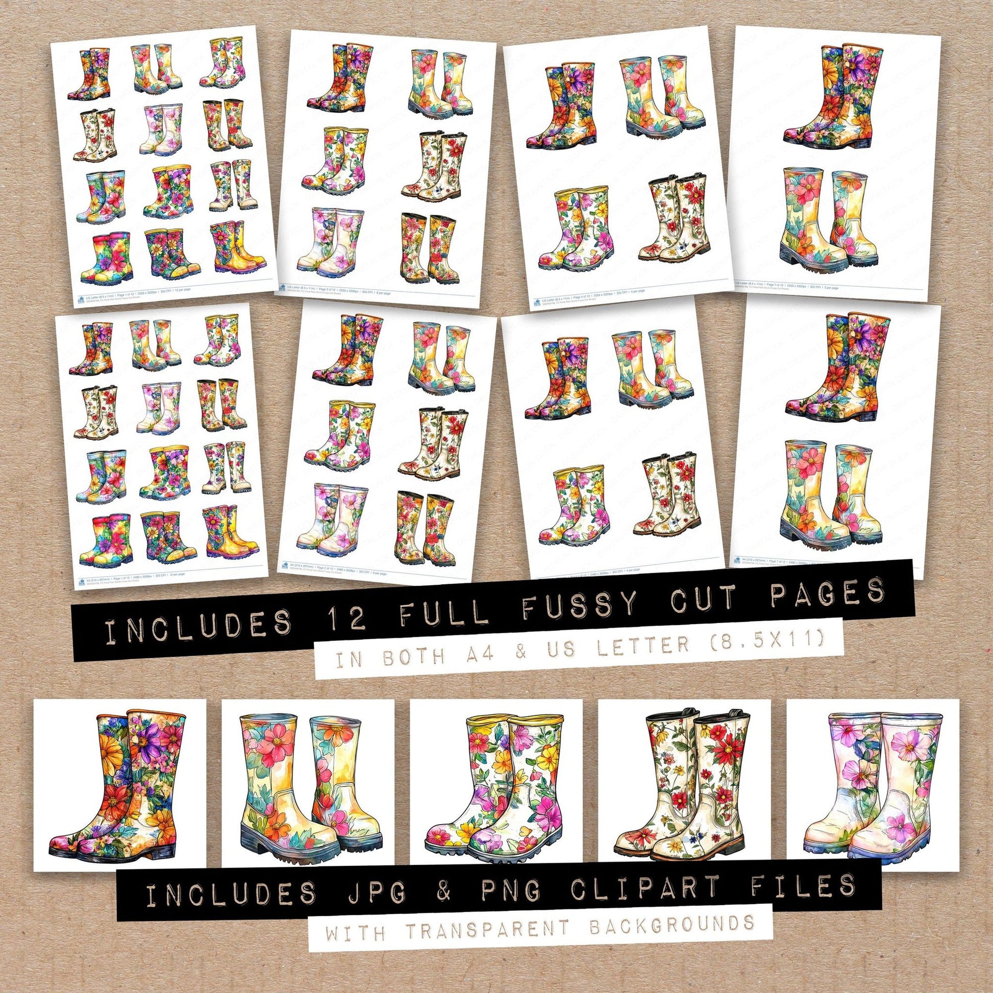 Full collection view of Floral Rain Boots fussy cut sheets with bonus clipart JPG and PNG files