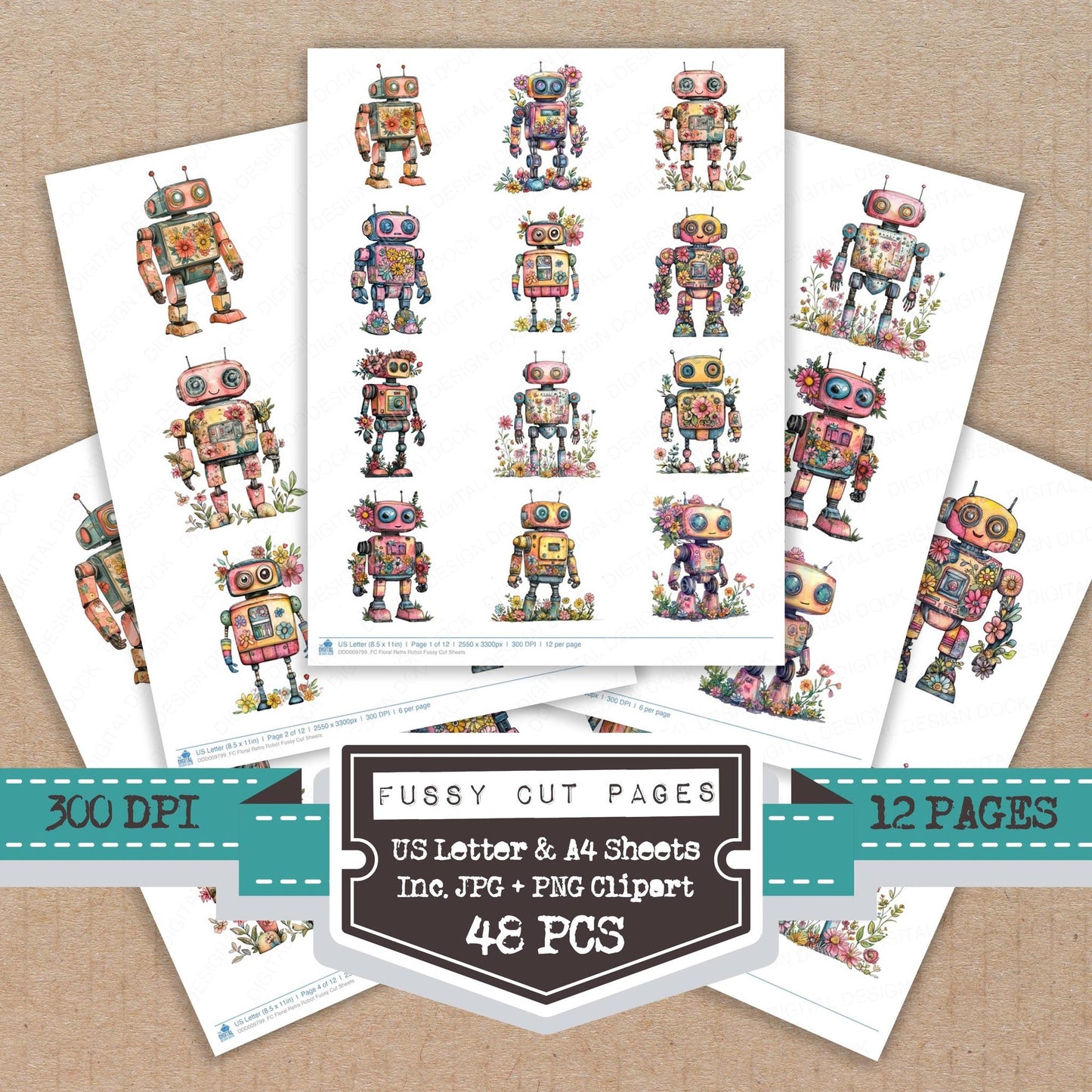 Floral Retro Robot Fussy Cut Sheets (DDD009799)