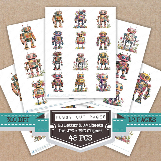 Floral Retro Robot Fussy Cut Sheets (DDD009799)
