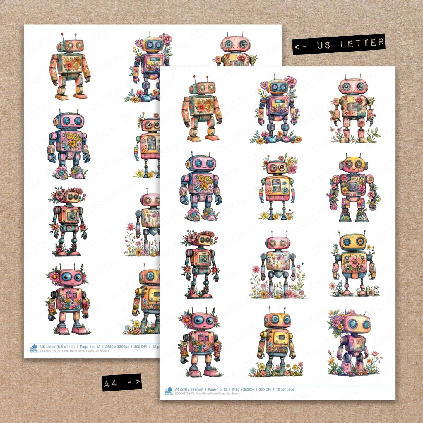 Floral Retro Robot Fussy Cut Sheets (DDD009799)
