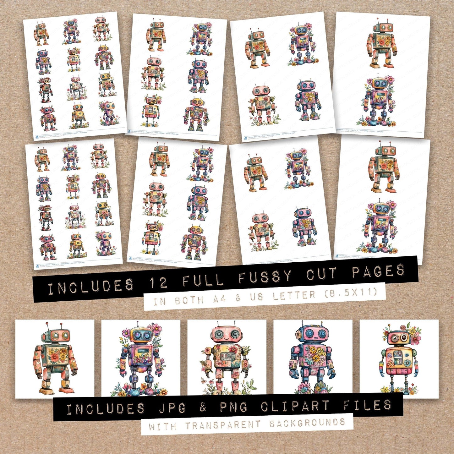 Floral Retro Robot Fussy Cut Sheets (DDD009799)