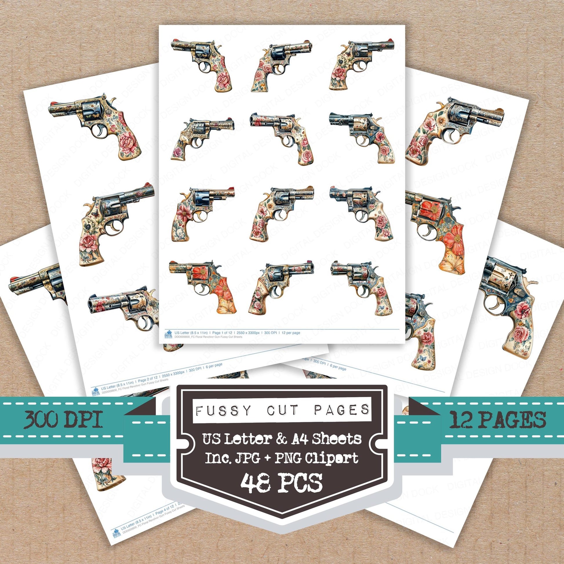 Floral Revolver Gun fussy cut printable sheets for junk journaling, scrapbooking, and paper craft projects