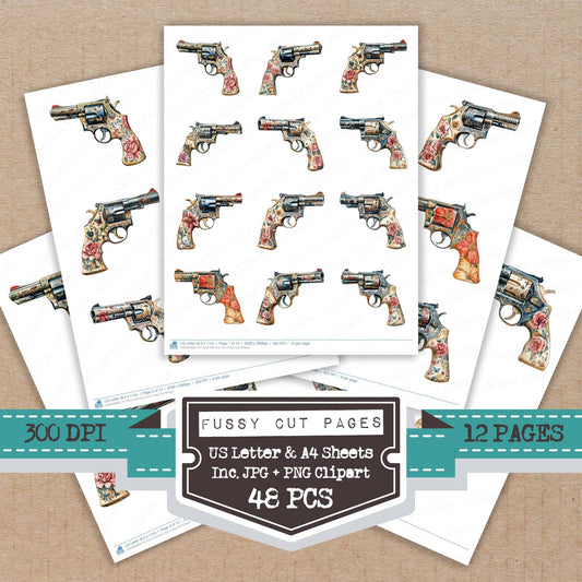 Floral Revolver Gun fussy cut printable sheets for junk journaling, scrapbooking, and paper craft projects
