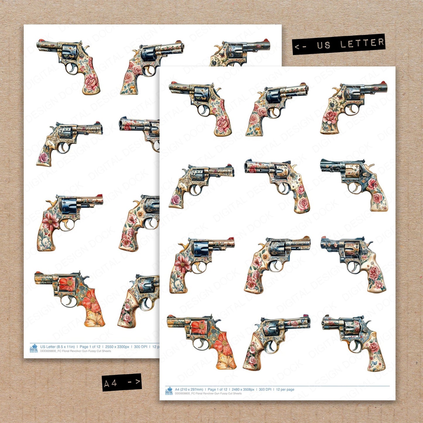 A4 and US Letter format comparison showing Floral Revolver Gun fussy cut pages for print and cut crafting