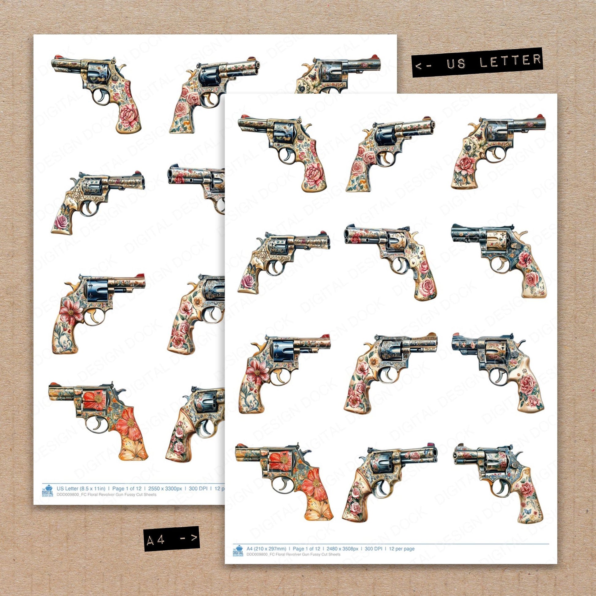 A4 and US Letter format comparison showing Floral Revolver Gun fussy cut pages for print and cut crafting