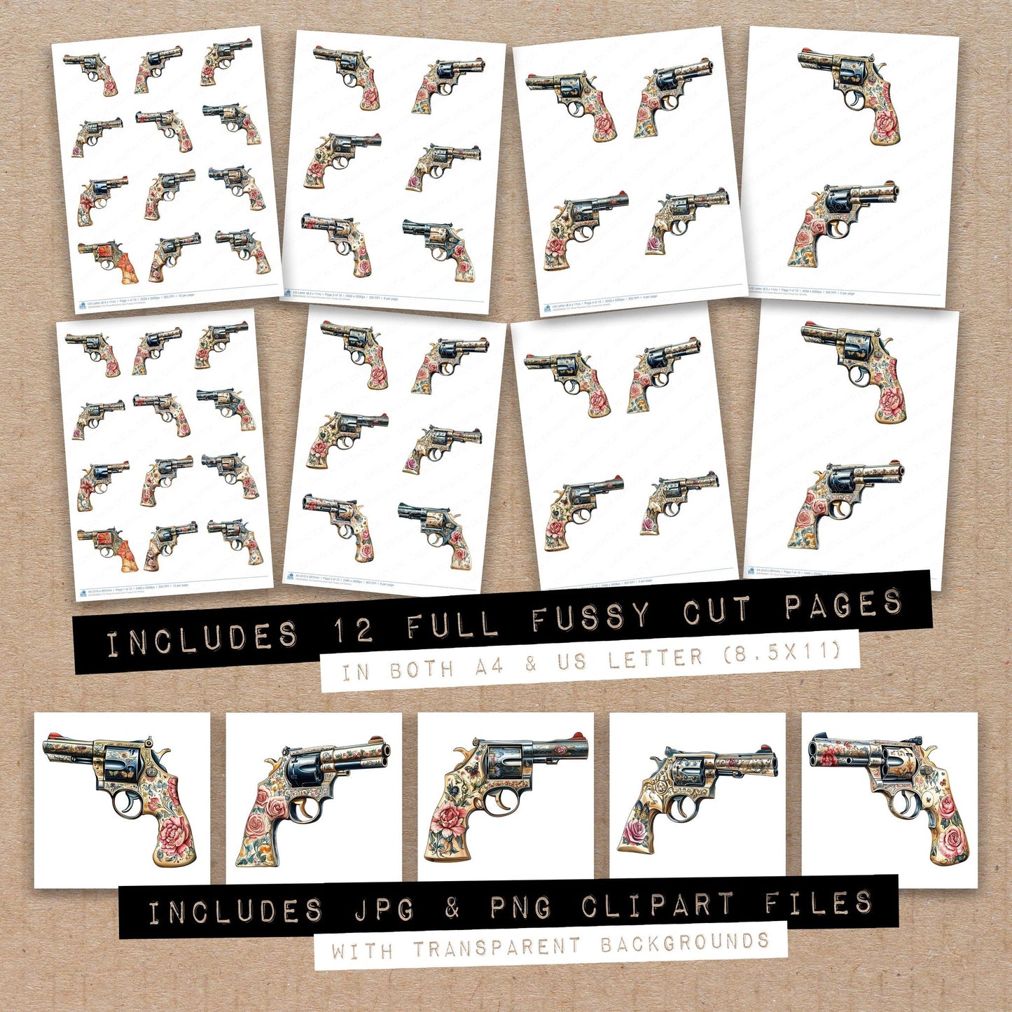 Full collection view of Floral Revolver Gun fussy cut sheets with bonus clipart JPG and PNG files