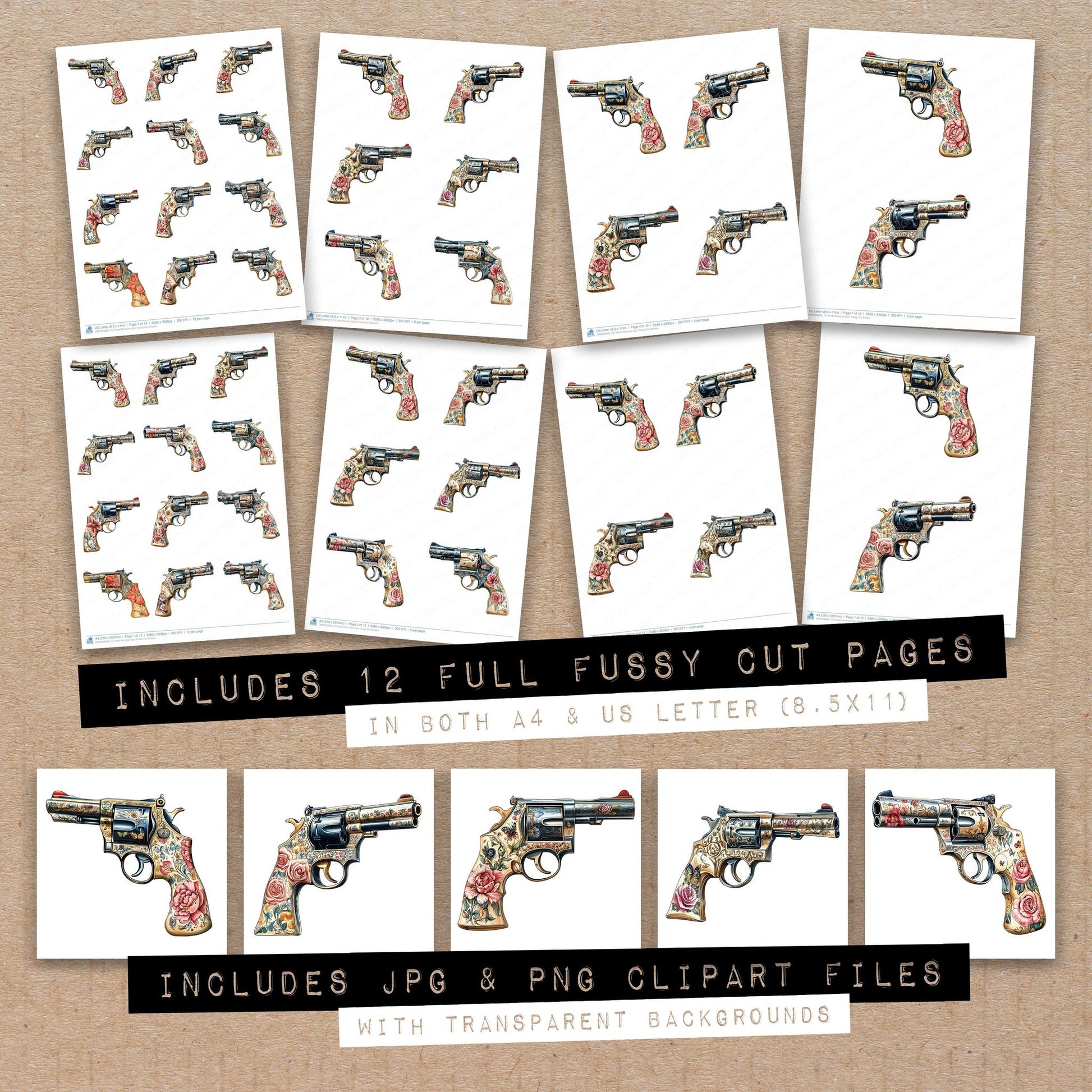 Full collection view of Floral Revolver Gun fussy cut sheets with bonus clipart JPG and PNG files