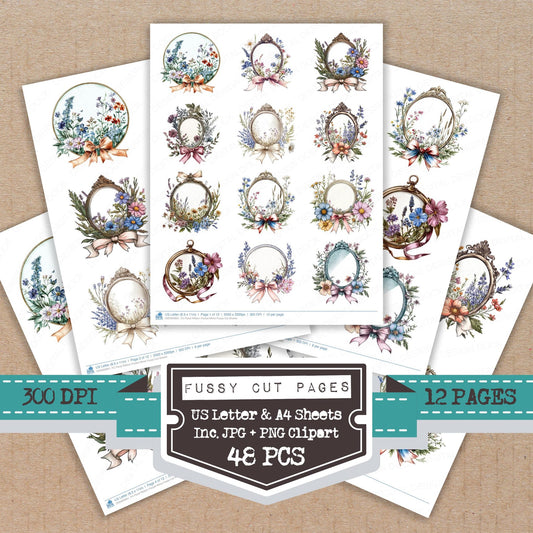 Floral Ribbon Pocket Mirror fussy cut printable sheets for junk journaling, scrapbooking, and paper craft projects