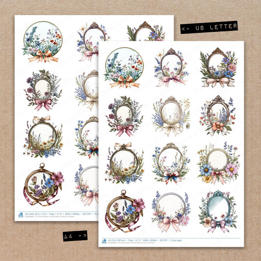 A4 and US Letter format comparison showing Floral Ribbon Pocket Mirror fussy cut pages for print and cut crafting