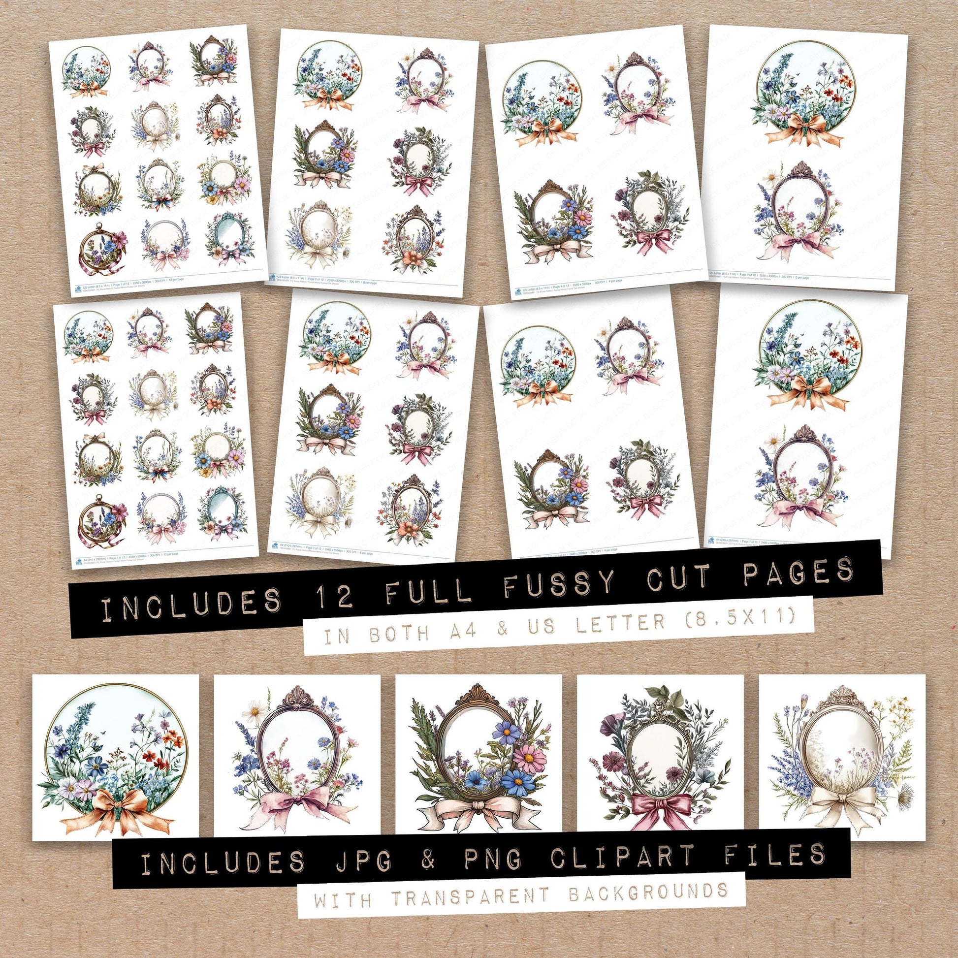 Full collection view of Floral Ribbon Pocket Mirror fussy cut sheets with bonus clipart JPG and PNG files