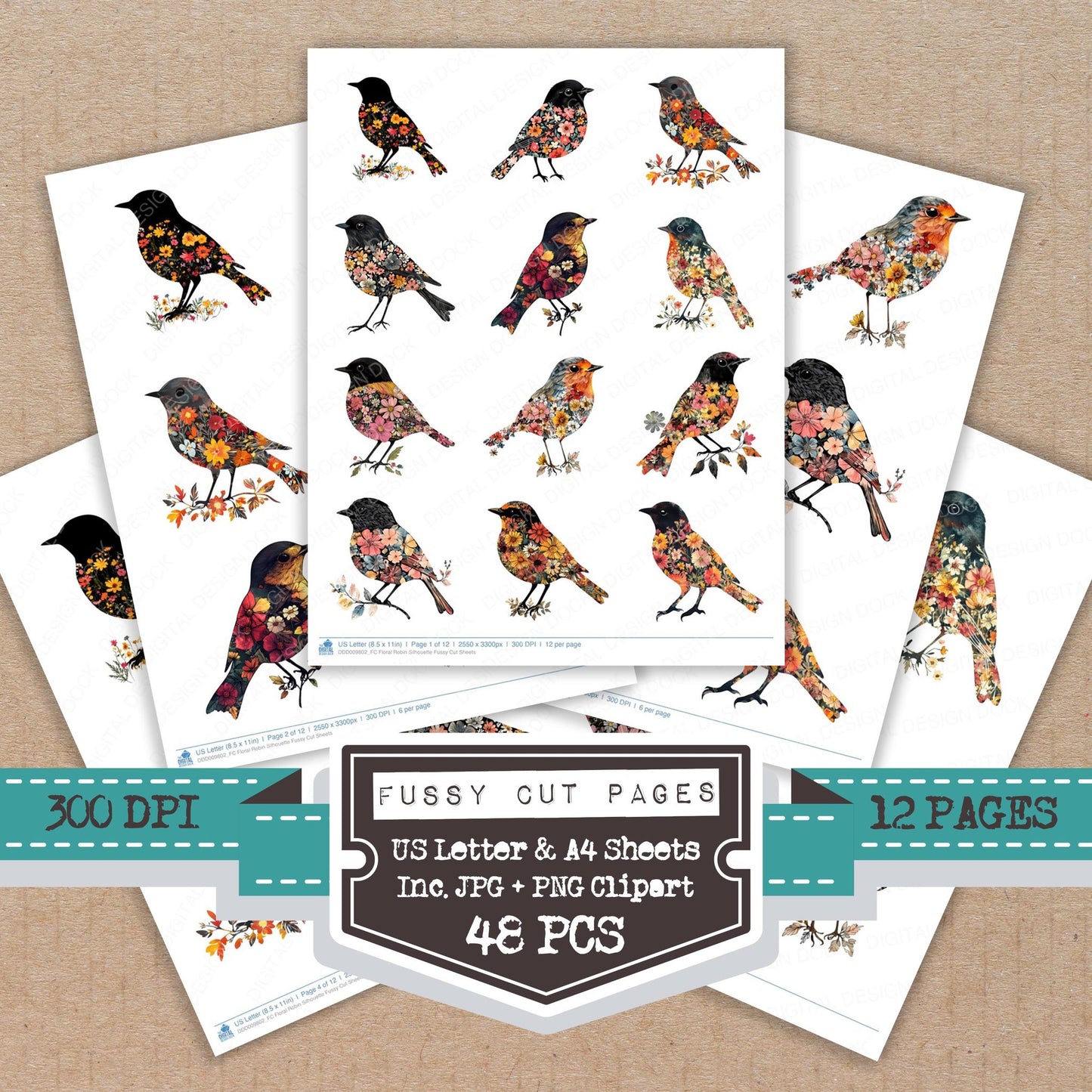 Floral Robin Silhouette fussy cut printable sheets for junk journaling, scrapbooking, and paper craft projects