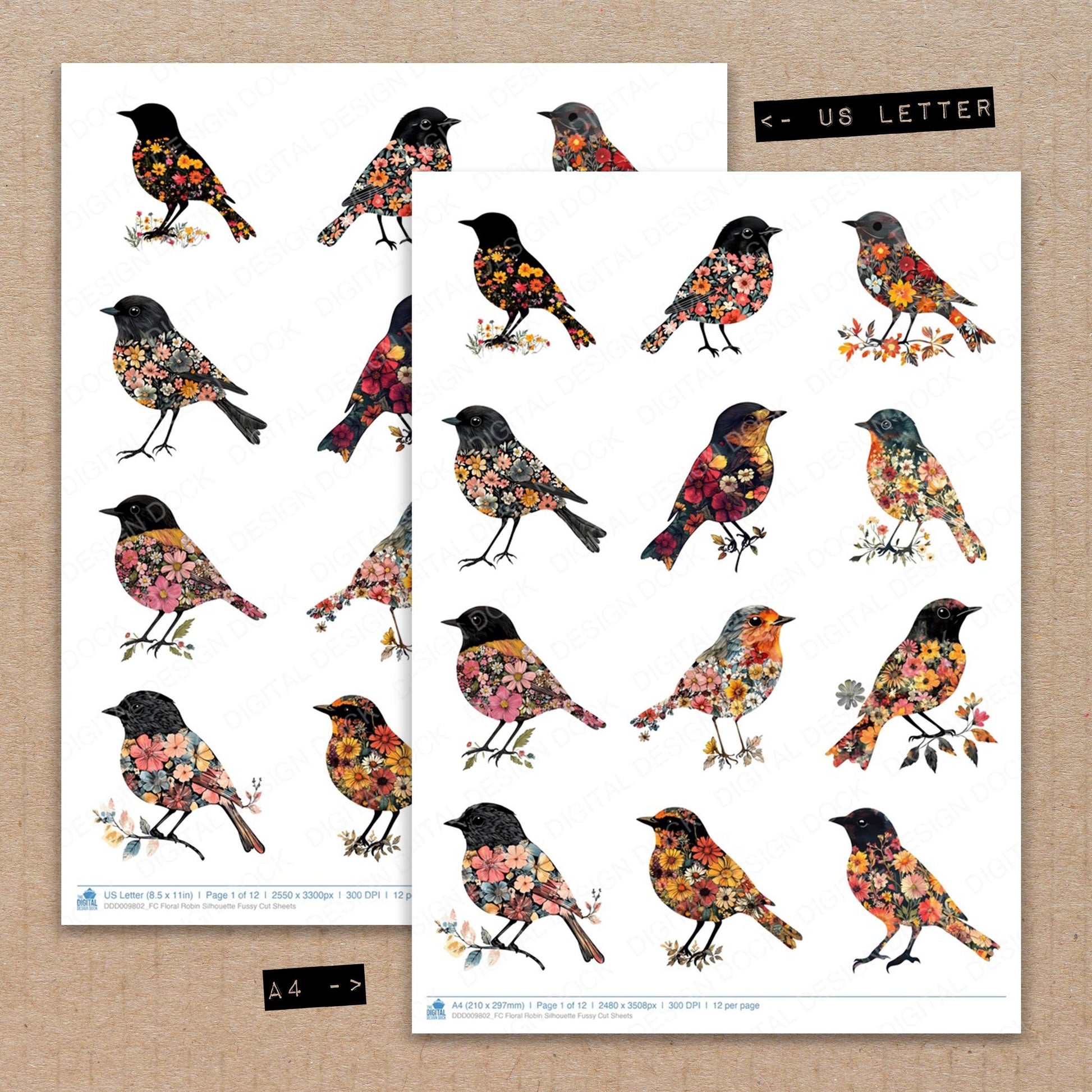A4 and US Letter format comparison showing Floral Robin Silhouette fussy cut pages for print and cut crafting
